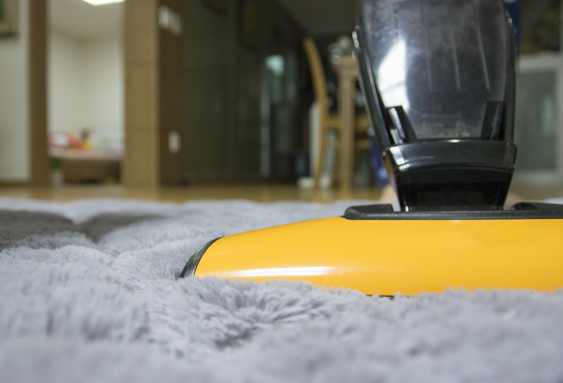 Yellow vacuum cleaner close up on the shag carpet.  Clean Bosque dos Eucaliptos sofa.