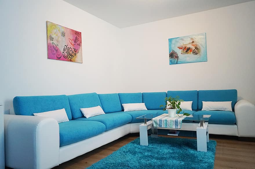 Quadros na parede, sofá e tapete azul e brancos. Imagem do conteúdo empresa de limpeza em São Mateus.
