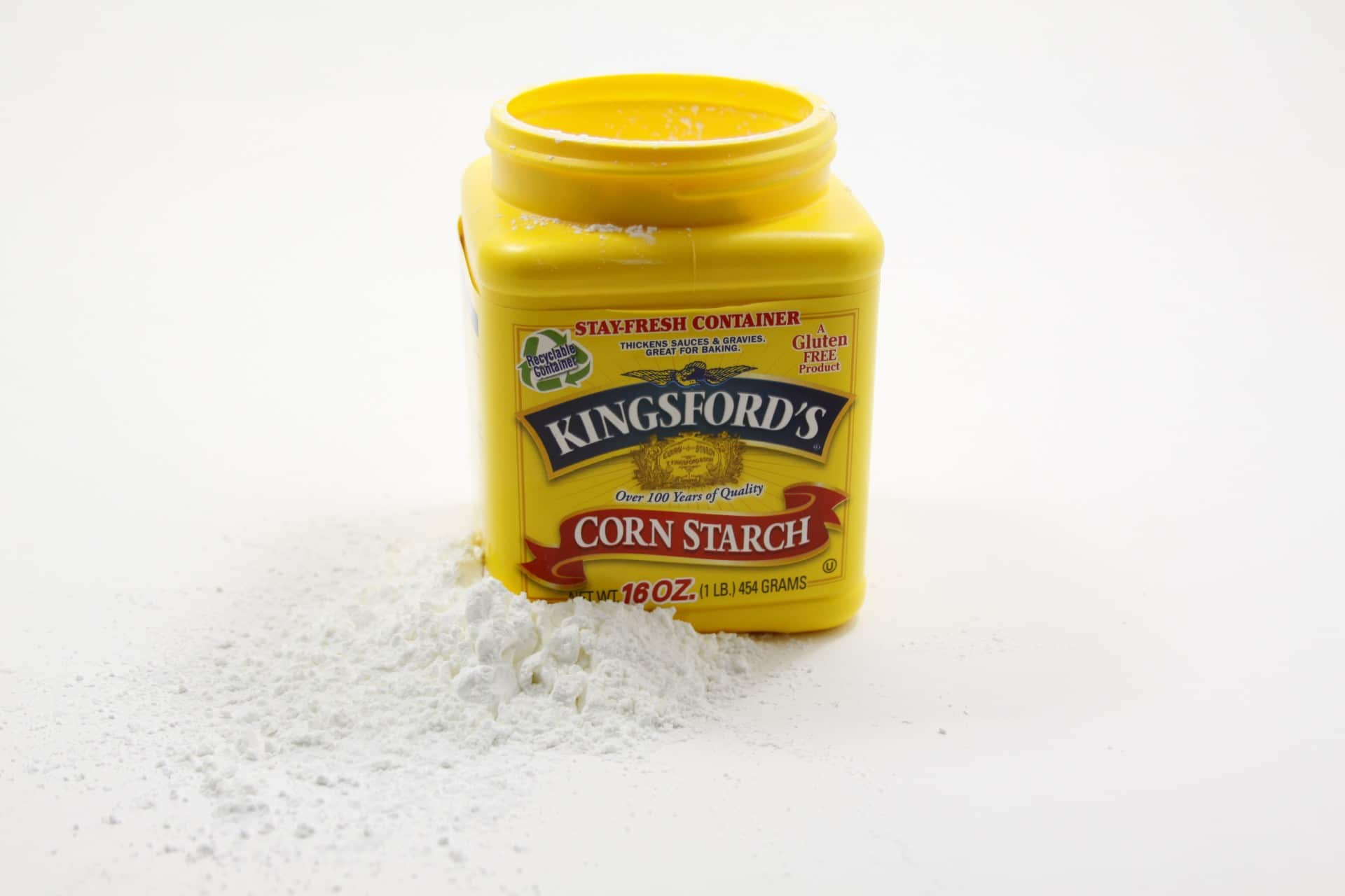 Corn starch packaging on white background.  Illustrative image of dried blood stain text.