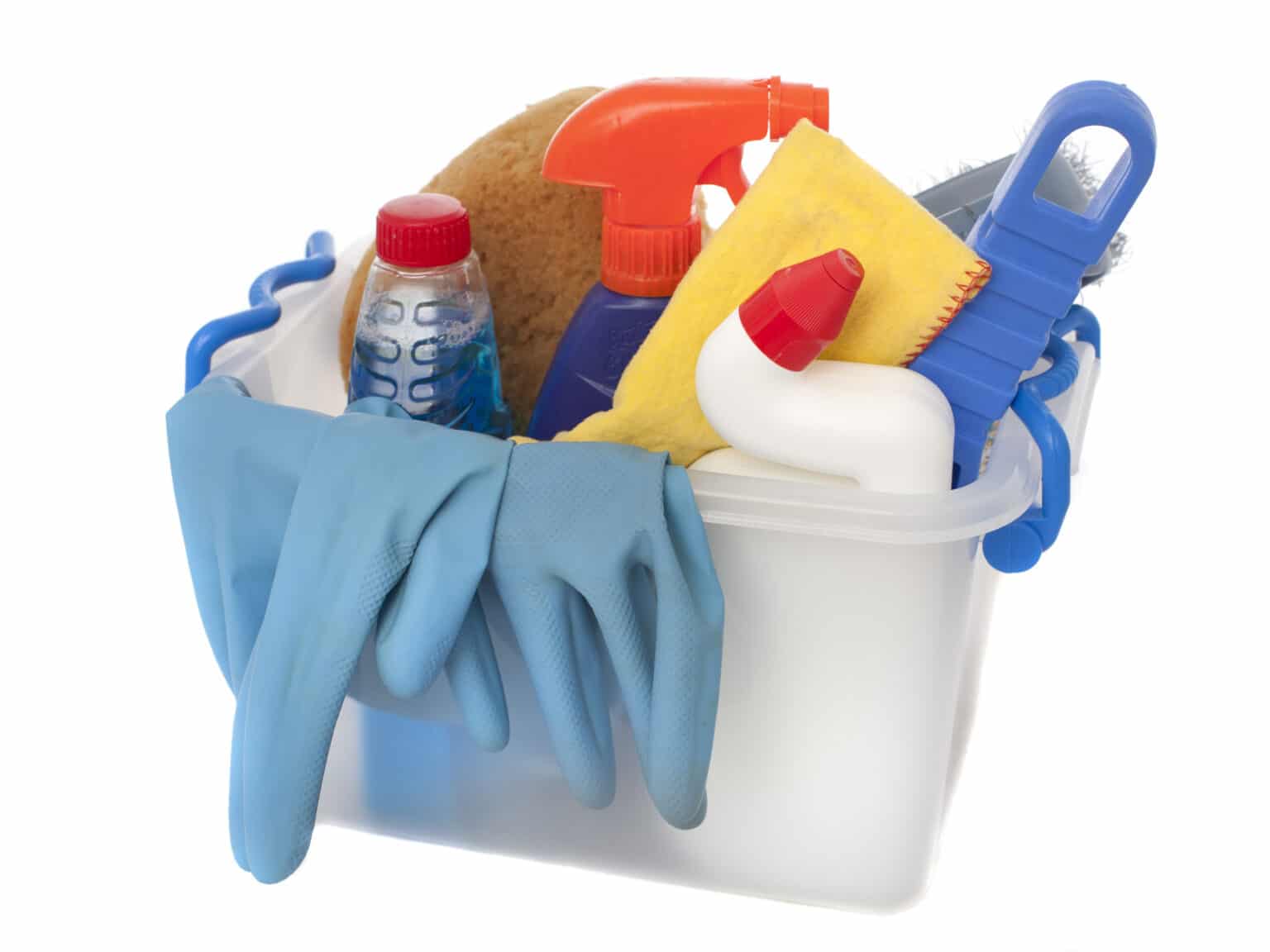 Gloves, sponge and cleaning products in the bucket.  Illustration of the text about professional hygiene.