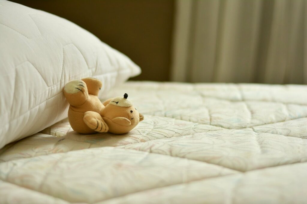 Pillow and teddy bear lying on the mattress.  Clean sofa Brada Alto.