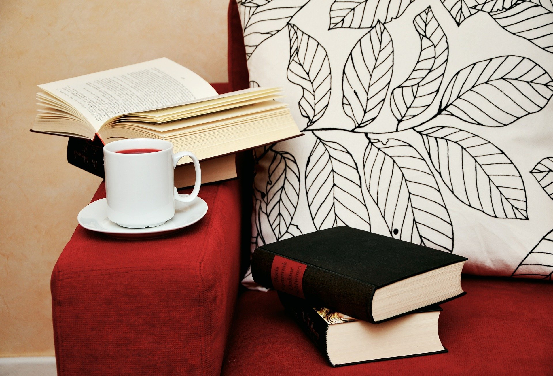 Imagem de uma sofá marrom avermelhado com xícara, livros e uma almofada com estampa de folhas. Ilustração do texto sobre sofá impermeabilizado em Teresina.