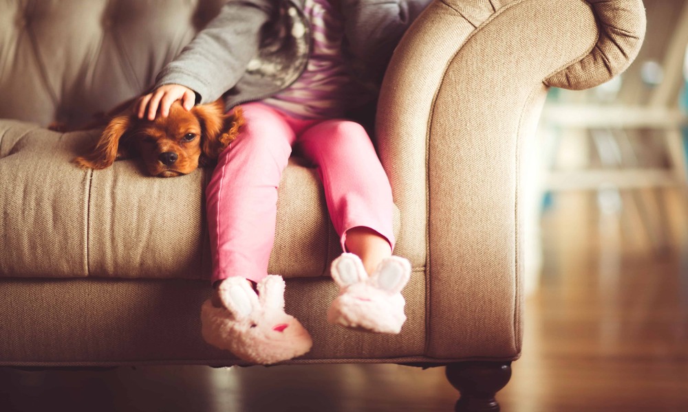Criança de calça rosa sentada no sofá ao lado de um cachorro. Imagem ilustrativa impermeabilização de sofa balneario picarras
