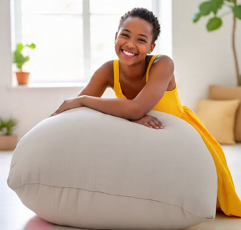 Mulher sorridente, usando vestido amarelo, enquanto se apoia em um puff. Ilustração do texto sobre como limpar puff de tecido.